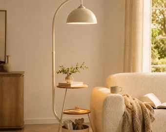 Arc Floor Lamp with Side Table | Modern Reading Lamp with Shelves | Cream Metal Frame for Living
