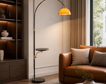 Oranje boogvormige vloerlamp met bijzettafel, staande lamp in mid-century stijl, verstelbare leeslamp voor de woonkamer, retro banklamp