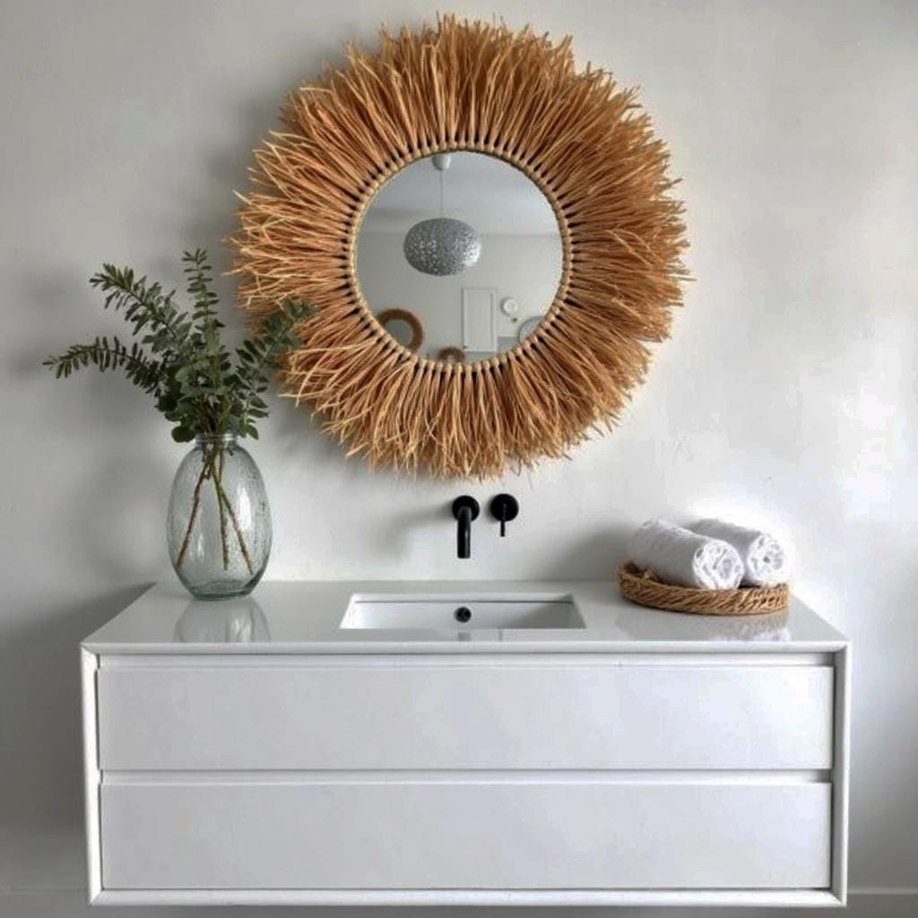 Miroir De Table Vintage En Paille Tressée - Hauteur 32 Cm - Fin XXe