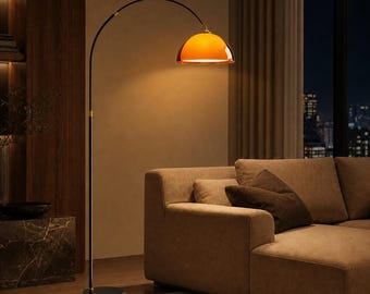 Orangefarbene Bogenstehlampe aus Glas, Stehlampe im Mid-Century-Stil, Leselampe in Schwarz und Gold fürs Wohnzimmer, Retro-Sofalampe