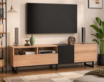 Mueble de TV moderno, consola multimedia de madera de 71 pulgadas con almacenamiento, centro de entretenimiento para TV de 75 pulgadas, mueble de TV de madera natural
