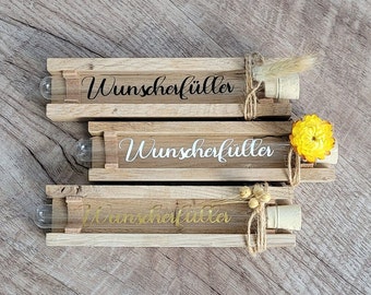 Wish-fulfiller personalizable in a test tube with wooden frame