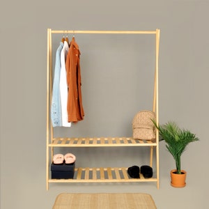 Perchero de pared con estantes de madera, soporte de metal para colgar en  la pared para dormitorio/sala de estar, estante de exhibición de ropa