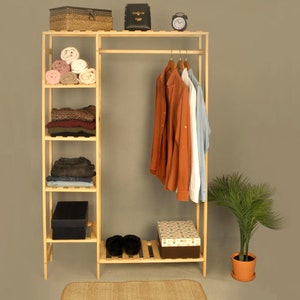 Wooden Clothes Stand 4 Shelves | Wood Bedroom Valet | Garment Storage Rack | Cloth Hanging Rack with Shelf | Closet Shelves | Hat Hanger