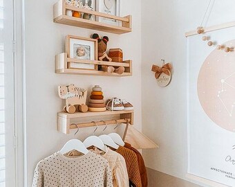 Étagère pour chambre de bébé et d'enfant Montessori | Porte-manteau pour chambre d'enfant | Étagère flottante en bois | Décoration de chambre de bébé | Meubles de décoration murale