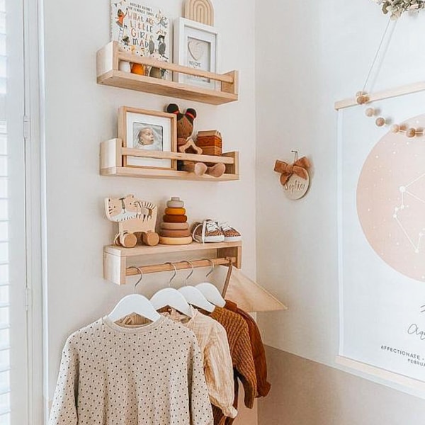 Étagère pour chambre de bébé et d'enfant Montessori | Porte-manteau pour chambre d'enfant | Étagère flottante en bois | Décoration de chambre de bébé | Meubles de décoration murale