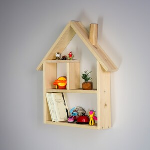 Montessori House Shaped Baby and Kids Room Decorative Shelf | Waldorf Natural Color Wooden Floating Kidsroom Decor | Wall Hanging Bookshelf