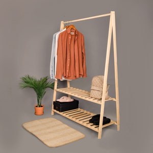 Wooden Clothes Stand 2 Shelves | Wood Bedroom Valet | Garment Storage Rack | Cloth Hanging Rack with Shelf | Closet Shelves | Hat Hanger