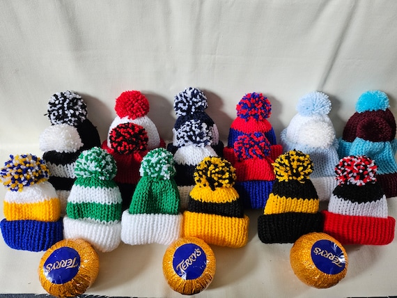 Football / rugby colours Christmas Santa bobble hat chocolate orange covers - hand knitted - stocking fillers - secret Santa