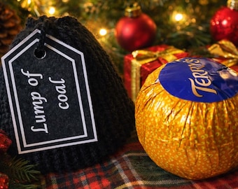 Lump of coal knitted christmas chocolate orange covers  - stocking fillers - joke present