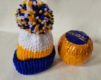 Leeds football club - christmas Santa hat chocolate orange covers - hand knitted