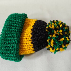 May include: A green, yellow, and black knitted hat with a pom-pom on top.
