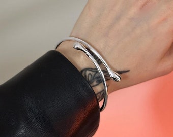 Teardrop Silver Open Cuff Bracelet, Adjustable Silver Plated Bangle, Minimalist Statement Jewelry