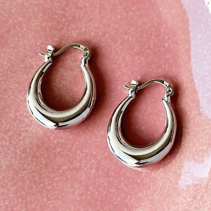Chunky Silver Hoop Earrings – Bold Vintage Tube Hoops, Crescent Moon Shape – Women&#39;s Jewelry, Birthday Gift Idea