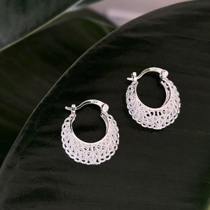 Silver chunky hoop earrings, Vintage figured half moon earrings, Thick Silver Hollow Earrings, S925 silver plated Earrings, gift for her