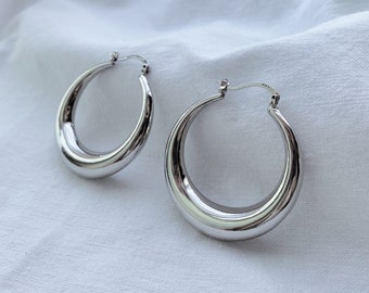 Chunky Hoop Earrings with 925 Silver Plated, Massive crescent earrings, Chunky Circle Earrings, Thick Hollow Earrings, Hoops, Créoles tubes