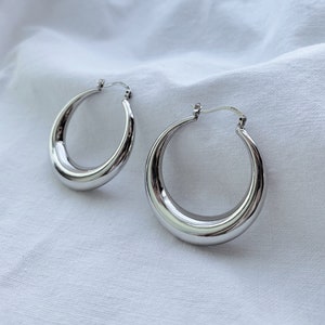 Chunky Hoop Earrings with 925 Silver Plated, Massive crescent earrings, Chunky Circle Earrings, Thick Hollow Earrings, Hoops, Créoles tubes