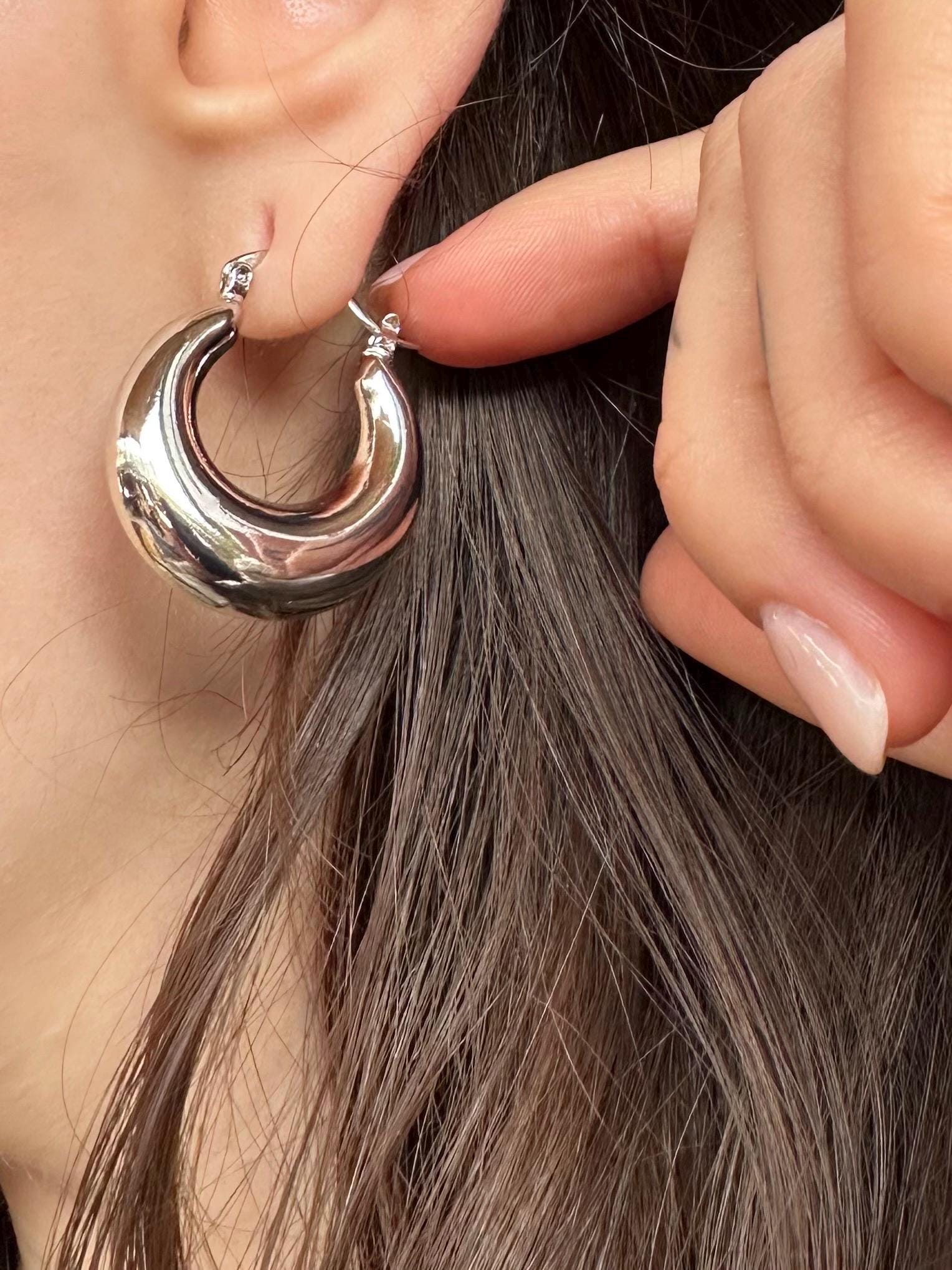 Silver Chunky Hoop Earrings, Vintage Thick Silver Hoops