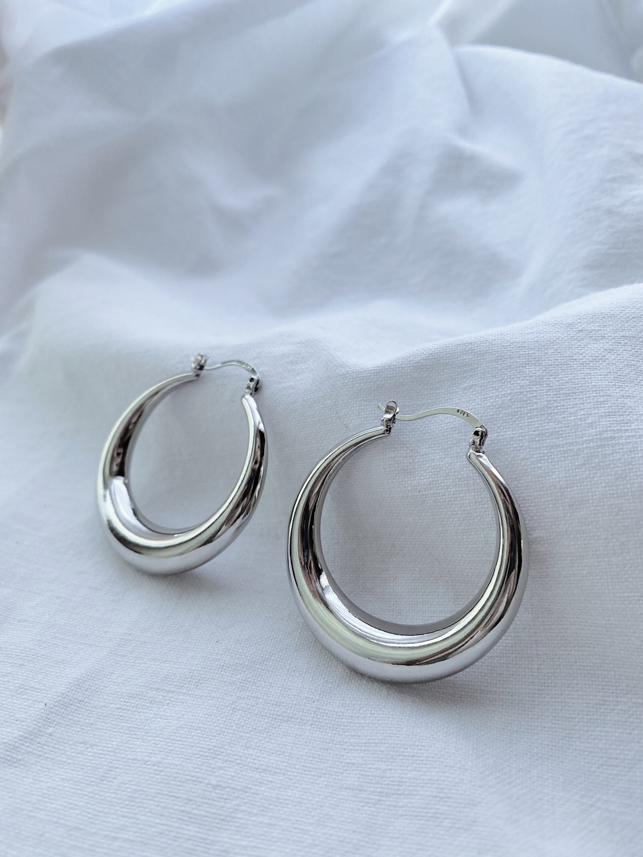 Hoop Earrings With 925 Silver Plated 40mm, Massive Crescent Earrings,  Chunky Circle Earrings, Thick Hollow Earrings, Hoops, Créoles Tubes - Etsy