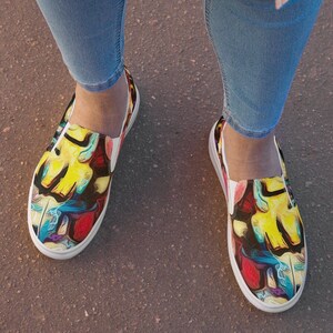Women’s slip-on canvas shoes with a graffiti street wear design - abstract loafers
