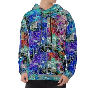 Night Trippel Unisex Hoodie mit abstrakter Karte, Pop Art und Blumen (Wearable Art, Urban Design, Festival Hoodie, celebrity outfit)