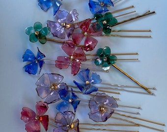 Blue hair pins for the bride, Hairpins flowers, Something blue red hairpins, green hairpins, violet hairpins.