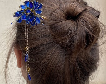 Chinese Brass Hair Stick with Blue Flowers