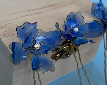 Blue hair pins for the bride, Hairpins flowers, Something blue