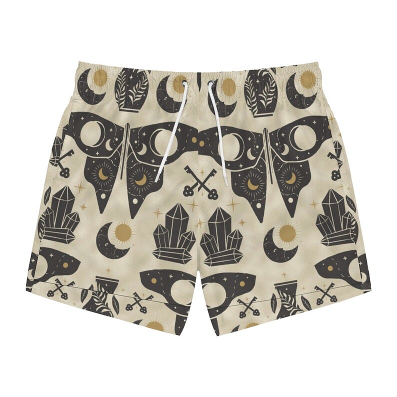 Celestial Moon Moth Swim Trunks, goth swim trunks, Witchy shorts, funky swim trunks, graphic swimsuit, gender neutral swimwear 