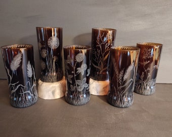 Drinking glasses set of 6, upcycling from old cider bottles, hand-engraved