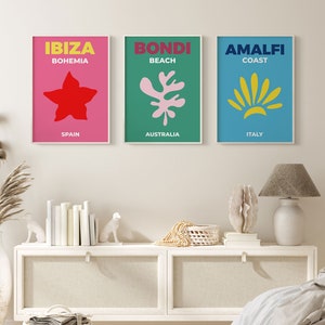 Travel Print Set of 3, Gallery Wall Set, Colorful Travel Poster, Maximalist Wall Art, Ibiza Bohemia Poster, Bondi Beach, Amalfi Coast Print