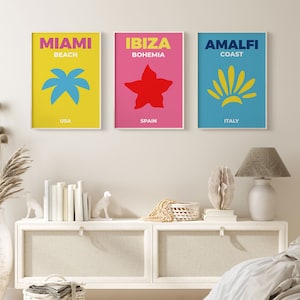 Travel Print Set of 3, Gallery Wall Set, Colorful Travel Poster, Maximalist Wall Art, Miami Beach, Ibiza Bohemia Poster, Amalfi Coast Print