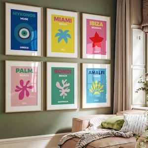 Travel Print Set of 6, Gallery Wall Set, Colorful Travel Poster, Maximalist Wall Art, Mykonos, Ibiza, Miami, Palm, Amalfi, Bondi Beach Print