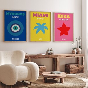 Travel Print Set of 3, Gallery Wall Set, Colorful Travel Poster, Maximalist Wall Art, Mykonos Muse, Miami Beach, Ibiza Bohemia Poster