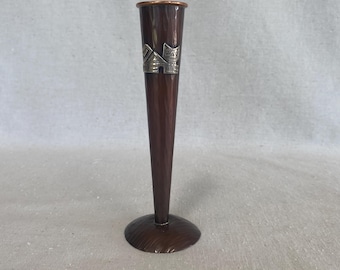 Vintage Peruvian Hammered Copper Bud Vase Cat Motif