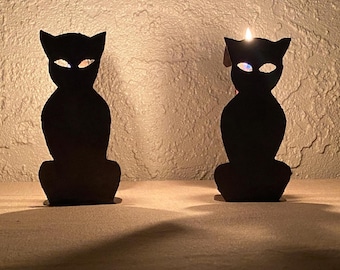 Pair Of Rustic Handmade Folk Art Cat Candleholders
