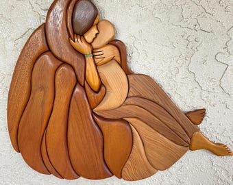 Vintage Intarsia Wood Mother And Child Wall Sculpture