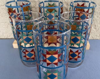 Libbey Set of 6 Glass Tumblers Southwest Colors Sawtooth Star Quilt Block Pattern Glass 80s