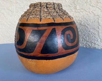 Vintage Burned And Dyed Gourd Art w/Woven Top D. Weeke