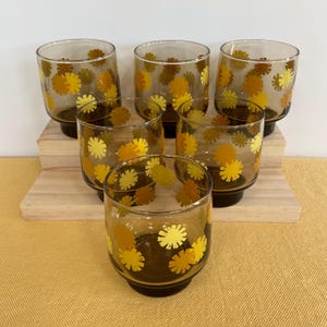 Libbey Vintage Juice Glasses Set of 6 Amber Glass with Yellow and Tan Flowers 8oz