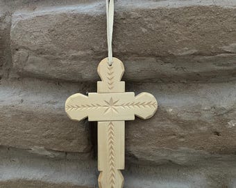New Mexico Folk Art Gloria Lopez Chip Carved Wood Cross