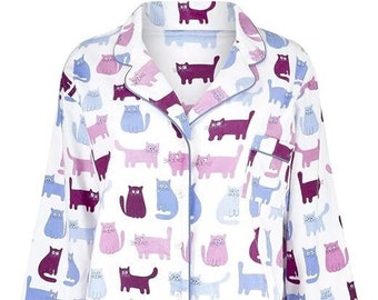 Womens Cat Print 100% Brushed Cotton Nightdress