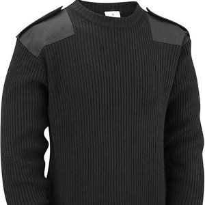May include: A black ribbed knit jumper with black shoulder patches. The jumper has a crew neck and long sleeves.