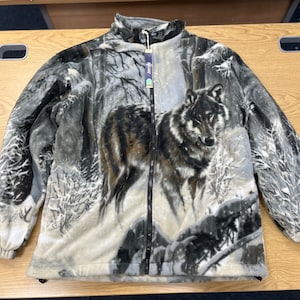 Warm Winter Cosy Outdoor Fleece Wolf Print Jacket Grey