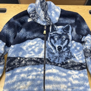 Warm Winter Cosy Outdoor Fleece Wolf Print Jacket Blue Hood