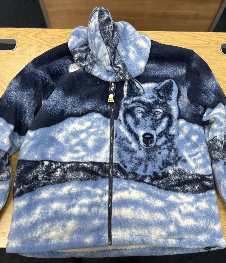 Warm Winter Cosy Outdoor Fleece Wolf Print Jacket Blue Hood