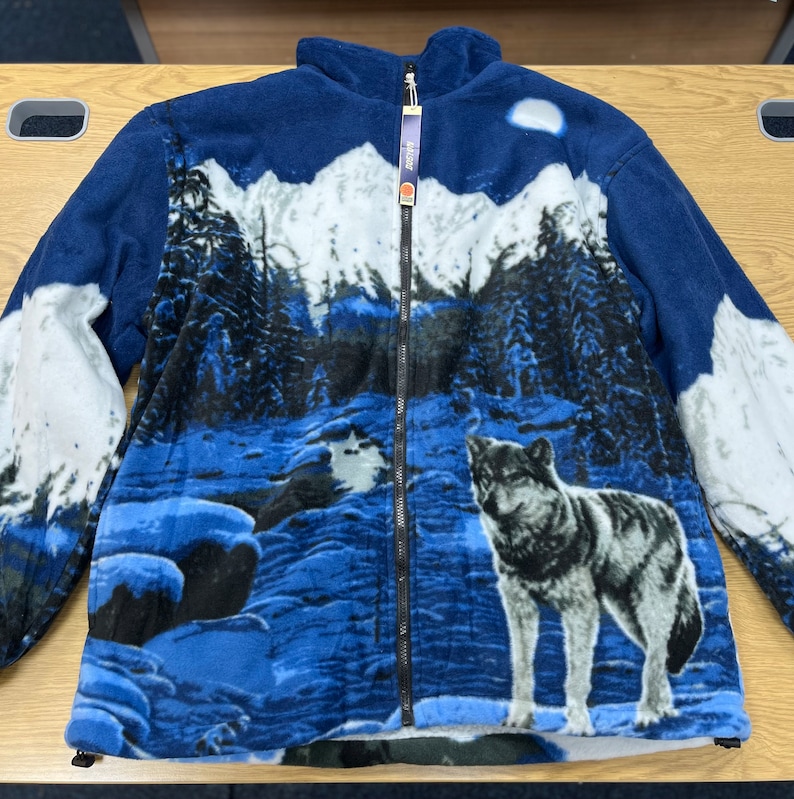 Warm Winter Cosy Outdoor Fleece Wolf Print Jacket Navy