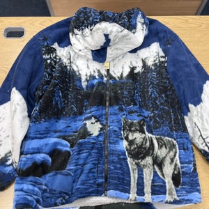 Warm Winter Cosy Outdoor Fleece Wolf Print Jacket Navy Hood