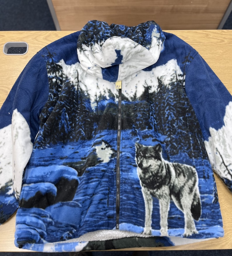 Warm Winter Cosy Outdoor Fleece Wolf Print Jacket Navy Hood