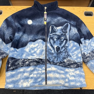 Warm Winter Cosy Outdoor Fleece Wolf Print Jacket Blue